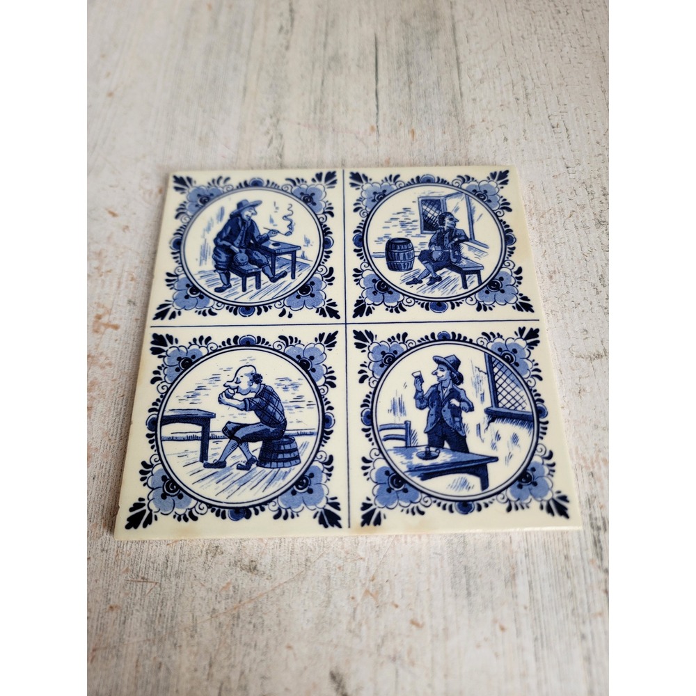 Vintage Delft Holland worker square tile home decor blue scenic ceramic